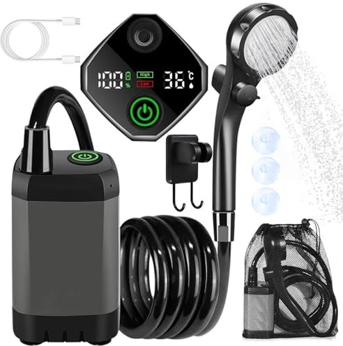YADOBIG Camping Dusche mit Pumpe, Campingdusche mit Intelligenter Digitalanzeige, Akku Dusche Tragbare mit Duschkopf, mit 6000mAh Akku, für Outdoor Baden, Autowaschen, Haustier, Garten