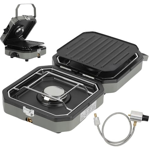 Eikuavons Hornillo de camping 2 en 1 de gas, hornillo de gas para camping, 2 fuegos, plegable, con placa de barbacoa para exteriores, barbacoa, senderismo y emergencias (butano, gris), incluye