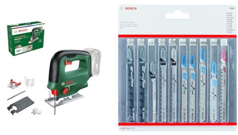 Bosch Home and Garden Cordless Jigsaw UniversalSaw 18V-100 (Without Battery, 18 Volt System, in Carton Packaging) + 10-Piece Set Jigsaw Blades Set (for Wood and Metal, Accessories)