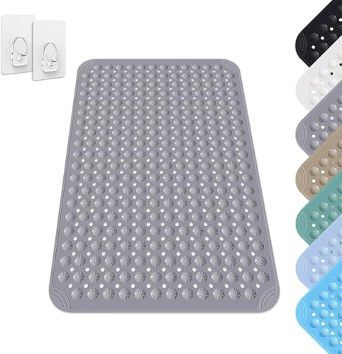 Tappetino Doccia, 60 x 90 cm Tappeto Doccia Quadrato Lavabile in Lavatrice con Ventosa, Tappeto Doccia in PVC Antiscivolo, Tappeto Massaggiante Antiscivolo per Doccia, incl. 2 Ganci, Grigio