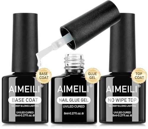AIMEILI Base Coat Top Coat Nail Glue Gel Kit 3pcs, Clear High Gloss Gel Nail Polish Long Lasting Nail Art Kit for Women Girl