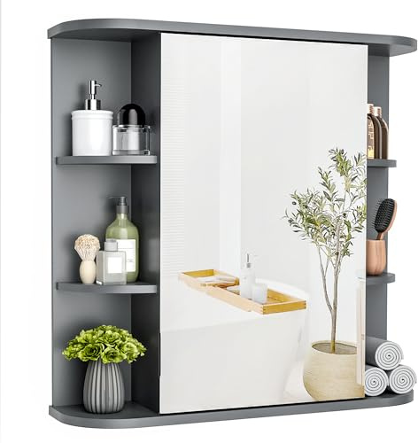 Pamapic Spiegelschränke fürs Bad, Badezimmerschrank mit Spiegel, Hängeschrank Badezimmer mit verstellbaren Ablagen, Schrank mit Badezimmerspiegel, Wandschrank,67,5 x 60 cm, Grau