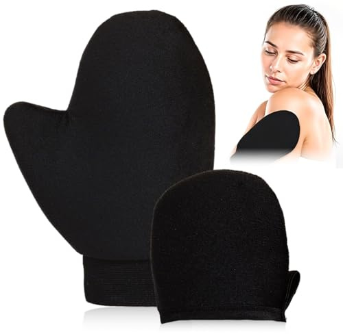 2-teiliges Selbstbräunungs-Handschuhe-Set, mit Applikator-Handschuh und Fingerhut, professionelles Auftragswerkzeug für Sonnencreme und Bräunungsöl am Rücken, einheitsgroß,Schwarz.