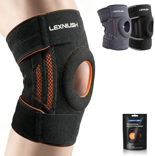 Lexniush Genouillère Sport, Réglable Genouillere Arthrose, Déchirures du Ménisque Genou, Genouillère Ligamentaire avec Stabilisateurs Latéraux et Coussinets en Caoutchouc, Course, Noir