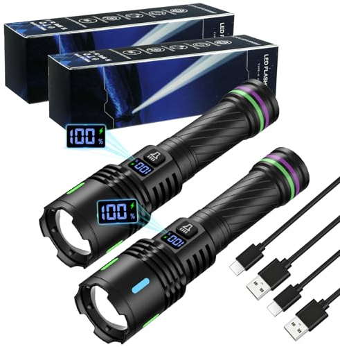 AUAUY 2 Pièces Lampe Torche LED Ultra Puissante, 3000 Lumens Lampe Torche | Rechargeable avec Batterie 3000mAh, 3 Modes d'éclairage & Zoomable lampe de Poche pour Camping Randonnée Coupure de Courant