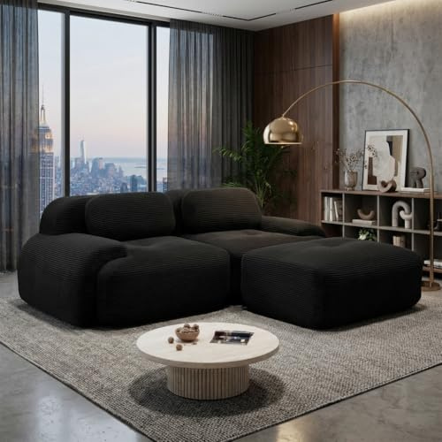 SoarTalent Cloud-Stil modulares Bodensofa, tiefes Sitzsofa 2 Sitzer mit 1 Hockern, Cordstoff, kein Aufbau erforderlich, für Wohnzimmer, Lounge und Schlafzimmer,Schwarz