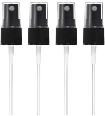MNFPSJB 4 Pack Black Fine Mist Spray Nozzle Tops, Reusable Replacement Spray Pump Heads for 18 Caliber Bottles, Leak-Proof Sprayers for Essential Oils, Perfumes, Room Fresheners & Cleaning Solutions