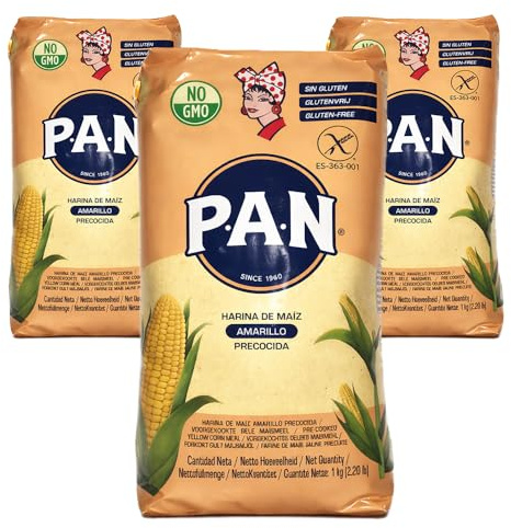 Harina Pan Amarillo 1kg (Pack of 3) | Yellow Pre-Cooked Corn Flour for Arepas, Empanadas, Tortillas, Tamales & Latin Cooking