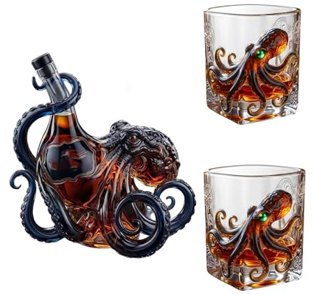 Edition 3D Oktopus Whisky-Set | Dekanter + 2 Gläser | ideal für Whisky, Rum, Bourbon oder Cocktails, Einzigartiges Whisky Geschenke für Männer, Bar & Sammler (A, 350, Milliliter)