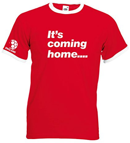 Juko It's Coming Home England World Cup 2018 Football T-Shirt 1382 Ringer T Shirt. Red, Medium
