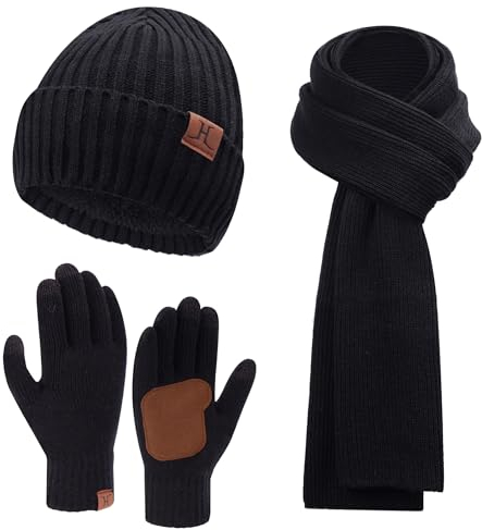 Herren Winter Warm Beanie Mütze Lange Schal und Touchscreen Handschuhe Set mit Fleece Gefüttert Wintermütze Strickmütze Rutschfeste Winterhandschuhe Schals Geschenk für Männer, A Schwarz