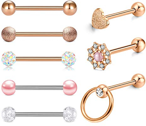 LAURITAMI 8stk Zungenpiercing 14G Chirurgenstahl 16mm Barbell Gerade Blume Kristall Piercing