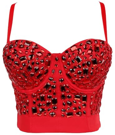 Woboren Damen Strass Diamant Push Up Bustier Crop Top Gothic Punk Korsett Clubwear Party BH Bluse Tops