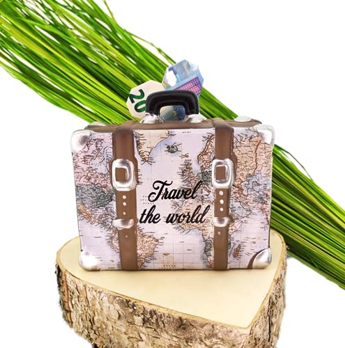 MC-Trend Spardose Reisekasse Travel The World Urlaub Weltreise Traumreise Spar-Büchse Reise Geld Geschenk-Idee Wünsche (Creme)