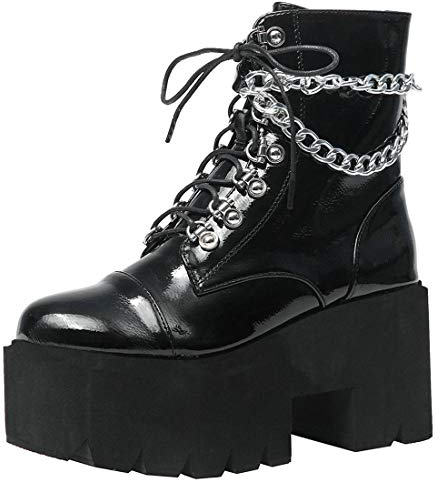 Etebella Damen Gothic High Heels Biker Boots mit Plateau Blockabsatz Schnürstiefeletten Punk Gefüttert Schuhe(Schwarz,38)