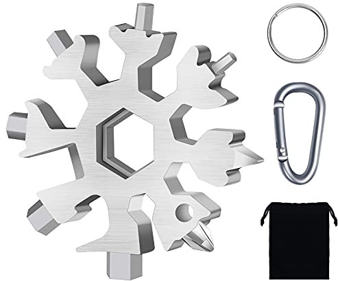 1 Stücke 18 in 1 Schneeflocken Multi-tool mit Karabiner und Schlüsselring, Geschenke für Männer, Edelstahl Tragbare Schneeflocken Multifunktionswerkzeug für Outdoor Abenteuer Camping (Silber)