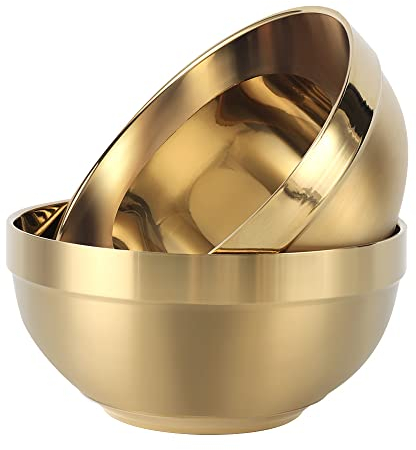 DECHM Stainless Steel Bowl,Soup Bowl,Lightweight Serving Bowl,Cereal Bowl,BPA Free Double-Walled Insulation,Easy to Clean,Set of 2, 11CM,300ML, Gold
