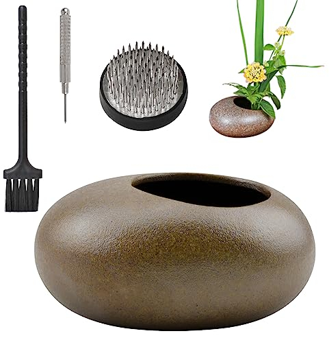 WANDIC Flower Arranging Supplies, Round Flower Frog & Ceramic Flower Pot Brown Pebble Flower Arrangement Pot for Ikebana Floral Art Home Office Decoration Indoor Outdoor