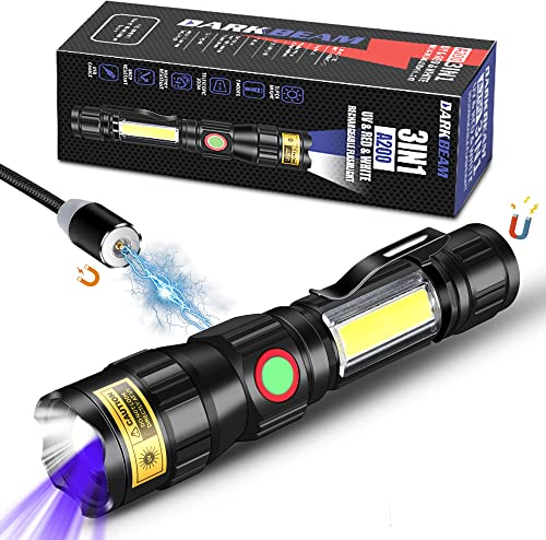 DBSOOSC UV 365nm Torches USB Rechargeable LED Flashlight 3 in 1 Blacklight, Ultraviolet Wood's Lamp, Amber/Fluorescer Detection, Detector for Pet Urine, Black Lights 365 nm, Magnetic Base