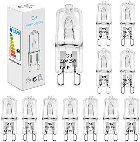 BROTOU 12er Bombilla halogena G9 25W 230 V 2800 K, Resistente al Calor 300 grados,Isin parpadeo, Blanca Cálida regulable,para horno,lámparas de paisaje, microondas,apliques de pared