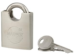 Cadenas Marinox à Anse Épaulée, 50 MM Corps et Anse Inox Usage Extérieur Marin - Double Verrouillage à Goupilles - 2 Clés Acier- Anse Ø9,5 MM, Htr 22 MM, Largeur Utile 19 MM - THIRARD