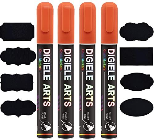 DIGIELE Kreidestift Orange, 4pcs Orange Kreidestifte 6mm + 16 Tafel Labels, Reversibel Dünne oder Mittlere Spitze, Trocken oder Feucht Abwischbare Flüssigkreide für Whiteboard, Tafel, Fenster & Glas