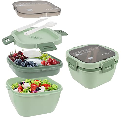 Comius Sharp Salatschüssel mit Dressingbehälter, 1700 ML Bento Box mit 3 Fächer Salatbox-to-go für Salat und Snacks, Vesperdose Mikrowelle Heizung für Schule/Arbeit/Picknick Reisen
