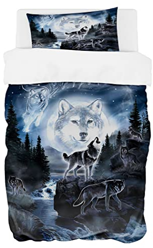 Zomer Bettwäsche Set 135x200 cm 2teilig Bettbezug Mikrofaser Bettwäsche Deckenbezug mit Moonlight Wolf Group Motiv - 1 Flauschige Bettdeckenbezug und 1 Kissenbezug 80x80cm