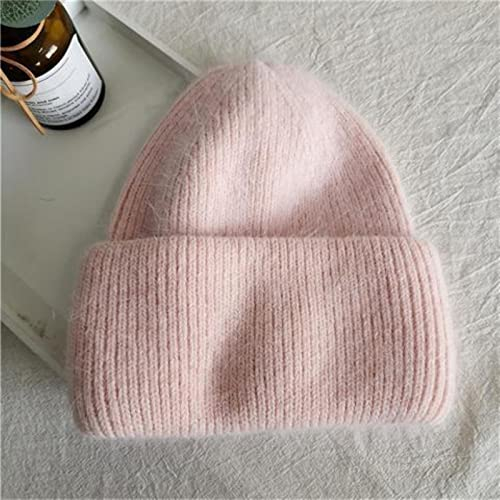 CCTUNG Damenmützen Winter Angora Kaninchenwolle Hält Warmes Stricken Solide Mütze Freizeit Schädel-Pink,One Size