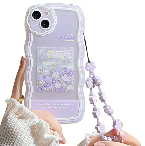 Ownest Kompatibel mit iPhone 13 Hülle Lila Blumen Armband Aesthetic Cute Schön Süßes Blumen Design Handyhülle Frauen Mädchen Women Teen Girls Kameraschutz Case + Kette Blume