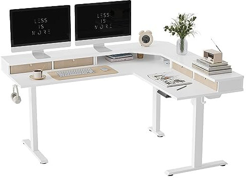 FEZIBO 160 x 60 cm L Shaped Standing Desk with 4 Drawers, Electric Standing Gaming Desk Adjustable Height, Corner Stand up Desk with Splice Board, White Frame/White Top