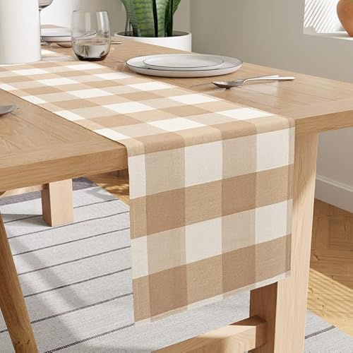 Encasa XO Baumwoll-Tischläufer 8 to 10 Seater | Größe 32x300 cm | Buffalo Beige prüft - Maschinenwaschbar & Langlebig