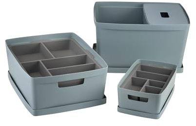 INABOX Storage Box Set of 6 Cottage Blue With Lid And Tray, Storage boxes with lids, Plastic storage box with lid, BPA free, Bedroom, Laundry, Home & Office, (2 X 5L, 19L, 28L, 2 X Tray)