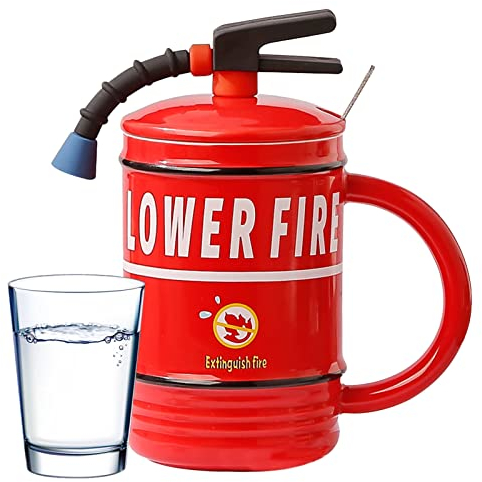 Feuerlöscher Tasse Personalisiert,Keramik-Kaffeetasse mit Deckel und Löffel,Lustig Cappuccino Tass,3D Kreative TassenTeetassen,Getränk Tasse Wasser Tasse,Geschenke für Männer,Vatertagsgeschenk (Rot)