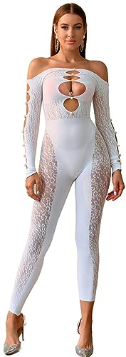 Bommi Fairy Damen Sexy Rave Outfits Langarm Fischnetz mit Hellen Künstlichen Perlen Eng Einteiler Einheitsgröße (Weiß)