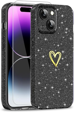 ScandiCasis iPhone 14 Plus Glitter Case with 1 Pack Screen Protector, Cute Heart Pattern Protective Shockproof Soft Slim Silicone TPU Phone Case for Women Girls