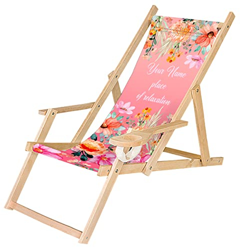 Ferocity Holz-Liegestuhl Personalisierbarer Klappbar Klappliegestuhl mit Armlehne und Getränkehalter Strandstuhl Motiv Akwarel Blumen [119]