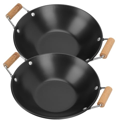 BESTonZON 2 Piezas Plancha De Acero Inoxidable Wok Para Acampar Sartén Con Tapa Olla Para Paella Wok De Hierro Fundido Curado Sartén De Chef Individual Anti-derrame Estufa Metal