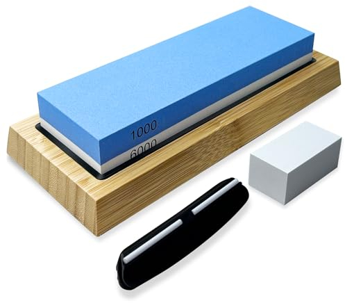 Knife Sharpening Stone Set,Dual Grit Whetstone 400/1000 3000/8000 Knife Sharpener with Nonslip Bamboo Base, Flattening Stone,Angle Guidee,Leather Strop (MDS-TZ-1000/6000)
