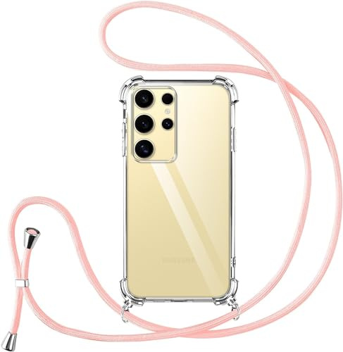 Vauki handyband für Samsung Galaxy S24 Ultra Hülle mit Band Handyhülle Silikon Transparent zum Umhängen Stoßfest mit Kordel Necklace Schnur TPU Bumper Case für Samsung S24Ultra,Rosegold