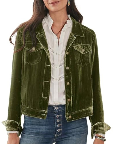 Xaspee Women's Cropped Velvet Jackets Long Sleeve Button Down Work Causal Vintage Outerwear Cargo Tops, Army Green, X-Large