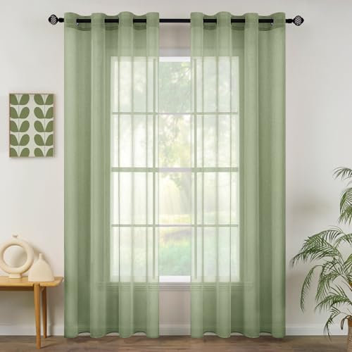 MIULEE Sheer Voile Vorhang mit Ösen Transparente Optik Gardine Ösenvorhang Ösenschal Transparent Durchsichtig für Schlafzimmer Wohnzimmer 140x245 cm (B x H) 2er Set Salbeigrün