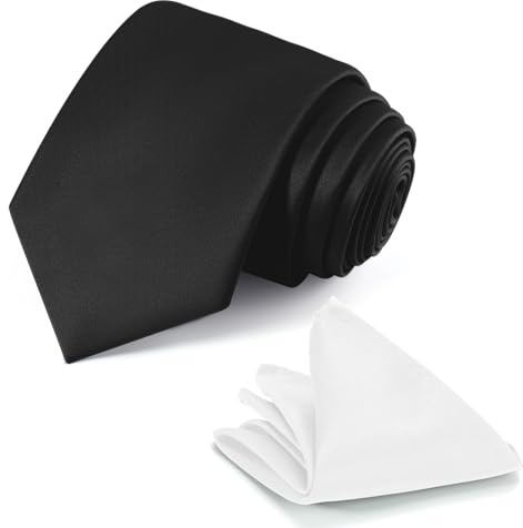 JUNMEISI Schwarze Krawatte und Einstecktuch für Herren, einfarbig, 8 cm, Schwarz, schwarz/weiß, Medium