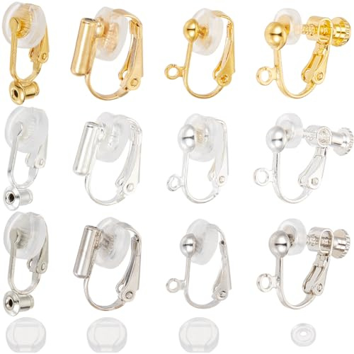 SOFPLATE 1 Box 24 Stück 12 Stile Gold Ohrring Konverter Silber Clip On Ohrring Konverter Messing Nicht Durchbohrt Echt 18 Karat Vergoldet Mit Pad Schraubverschluss Clip Ohrring Beschläge Für Schmuckhe