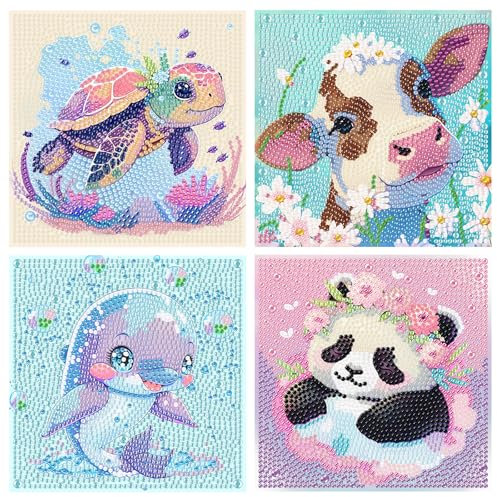 FLAJZ Diamond Painting Kinder, 4 Pack Cartoon-Tiere Diamant Painting Bilder,Edelsteinkunst füR Kinder, Crystal Diamond Painting, DIY Voller Crystal Strass Diamantmalerei Set für Kinder