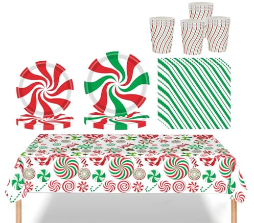 69Pcs Christmas Party Lollipop Tableware Set Decor,Lollipop Paper Napkins Cups and (7in + 9in) Paper Plates for Christmas Dinnerware,1P Lollipop Tablecloth,Red Green Paper Dinnerware Xmas Decor Party