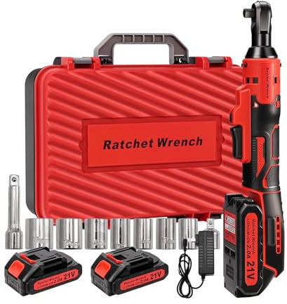 Kit di chiavi a cricchetto elettriche da 3/8, 21 V batteria agli ioni di litio da 2x2.0Ah e caricatore, 1 scatola per il trasporto, velocità variabile e 7 bussole, adattatore da 1/4, prolunga da 3