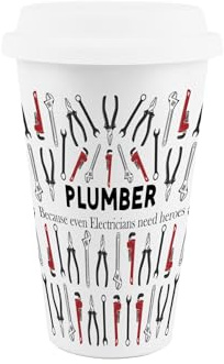 Purely Home Plumber Ceramic Travel Mug - Humorous Plumbing Tradesman Novelty Gifts/Presents - Reusable Silicone Lid Double-Walled Insulated Hot/Cold Drinks Flask Cup