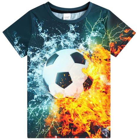 Enlifety Boys T Shirts Soccor 3D Graphic Tees Size 8 9T Water Fire Casual Kids Short Sleeve Shirts for Daily Sport