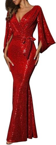 Abendkleider Damen V-Ausschnitt Glitzer Cocktailkleid Maxi Partykleid Hochzeit Elegant Sexy Hochzeitskleid Langarm Festlich Party Pailletten Frauen Kleider Glitzerkleid